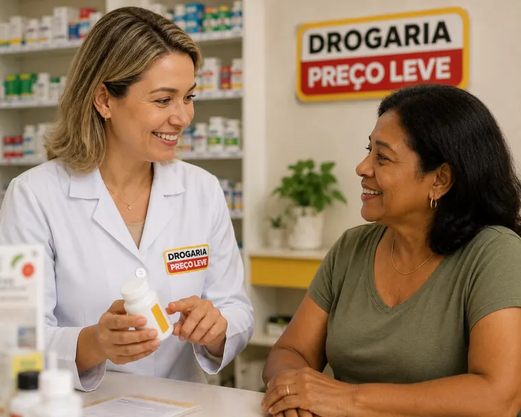 Atendimento farmacêutico na Drogaria Preço Leve, na Taquara